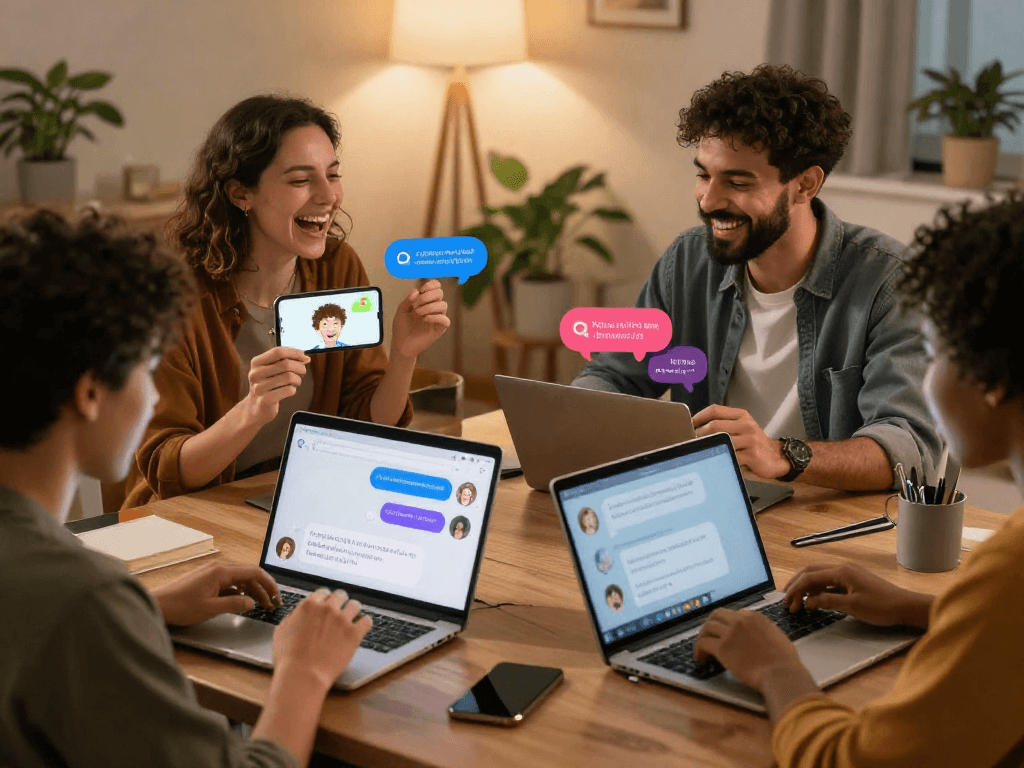 Engaging scene of users participating in porn AI chat on devices, emphasizing connection and vibrant conversations in a cozy atmosphere.