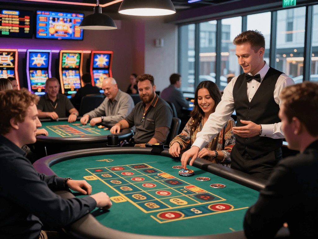 Diverse group enjoying non-UK casinos at lively tables, highlighted by excitement at https://ghsc.co.uk.