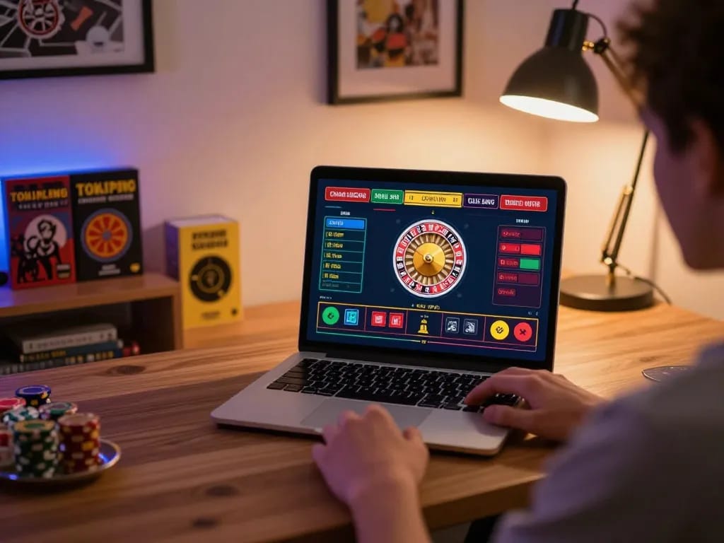 mm88 online gaming scene featuring roulette gameplay on a laptop surrounded by a warm home office setting.