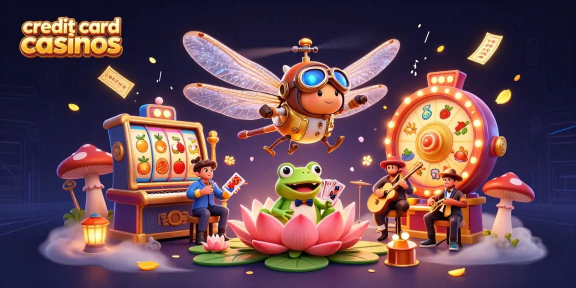 Experience thrilling action at credit card casinos with a dragonfly pilot and frog croupier in a vibrant casino scene.