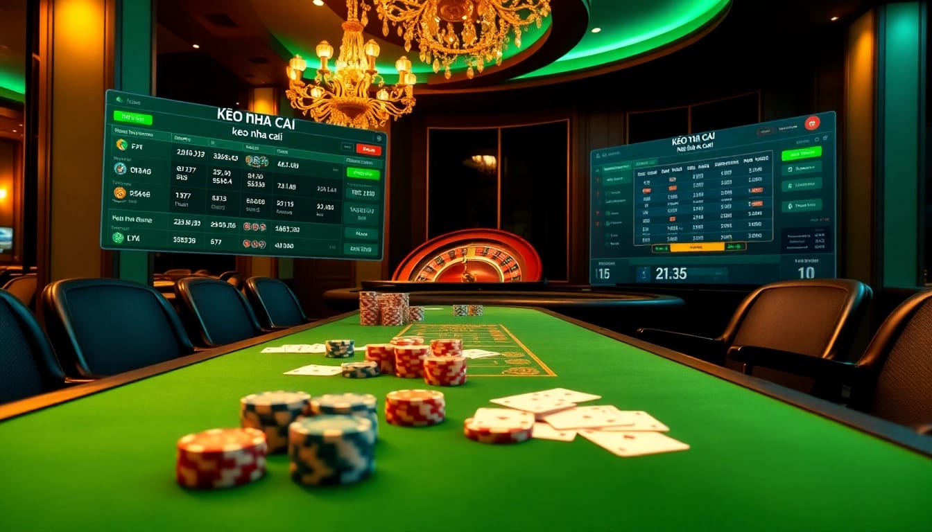 Engaging scene of a casino with keo nha cai betting interfaces and poker chips.