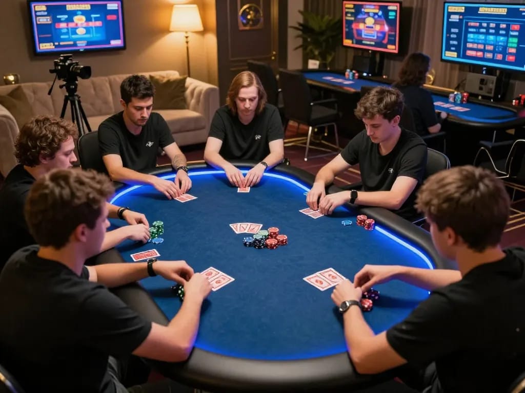 Engaged players strategizing in an online poker game room at tg88, showcasing competitive atmosphere.