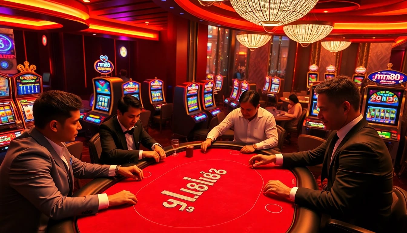 Players enjoying an immersive gaming experience at mm88's sophisticated casino table, surrounded by vibrant slot machines.