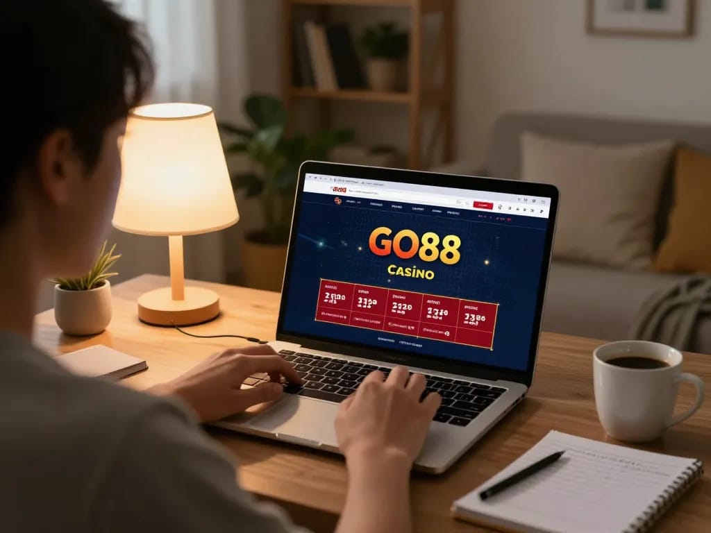 Engaged player using go88i for online gaming strategy at home, surrounded by notes and coffee.