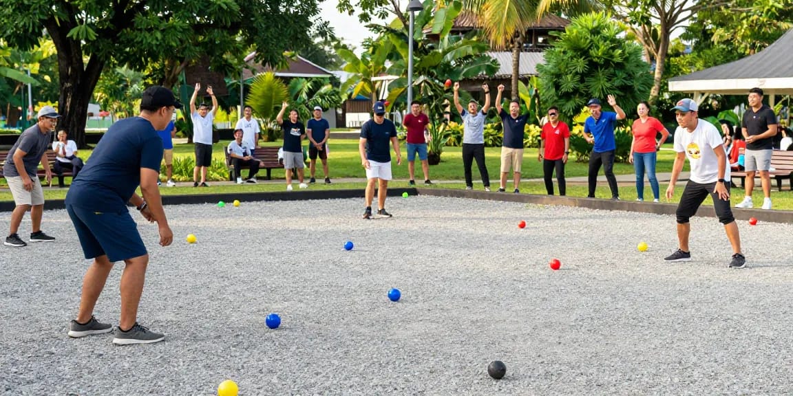 Petanque players joyfully competing at fopikotatomohon.org in a sunny outdoor park.