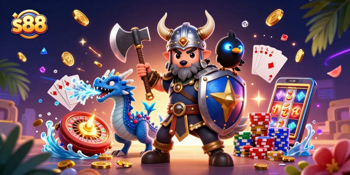 s88 players winning big with a Viking wolf warrior, fierce dragon, and cartoon raven in a dynamic casino setting