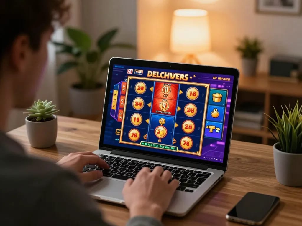 Player enjoying sc88 slots on a laptop in a cozy home office, vibrant graphics and rewards displayed