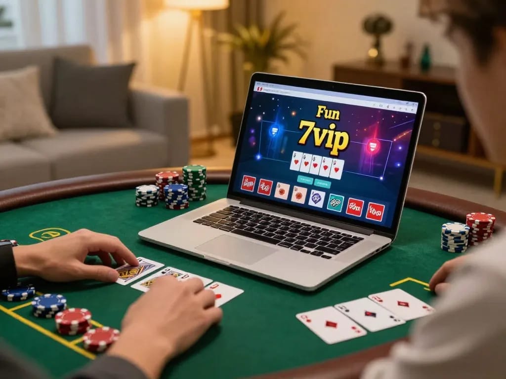 Player immersed in exciting online game on fun79vip platform with vibrant cards and chips