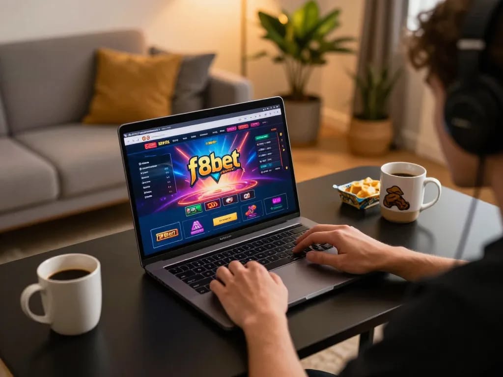 Player enjoying online gaming on f8bet com, vibrant interface visible on laptop screen