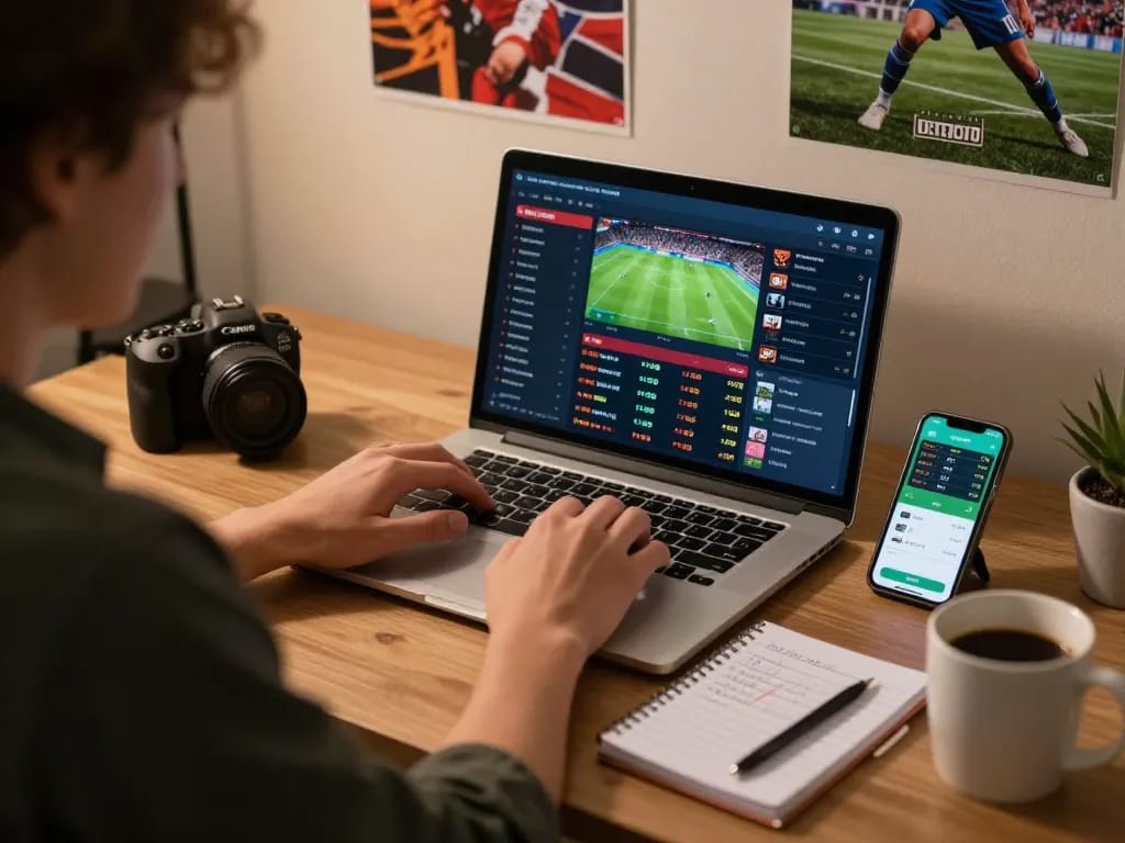 Engaging online sports betting scene with TR88 user placing bets on laptop.