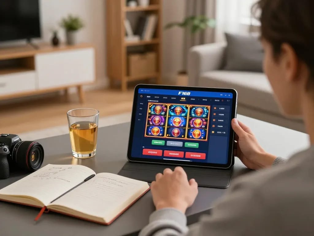 Player engaging with F168 online casino app on tablet in cozy living room setting