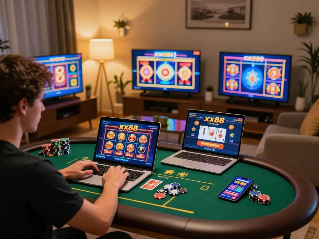 Player enjoying online casino gaming at home using the xx88 app, chips and strategy notes visible.