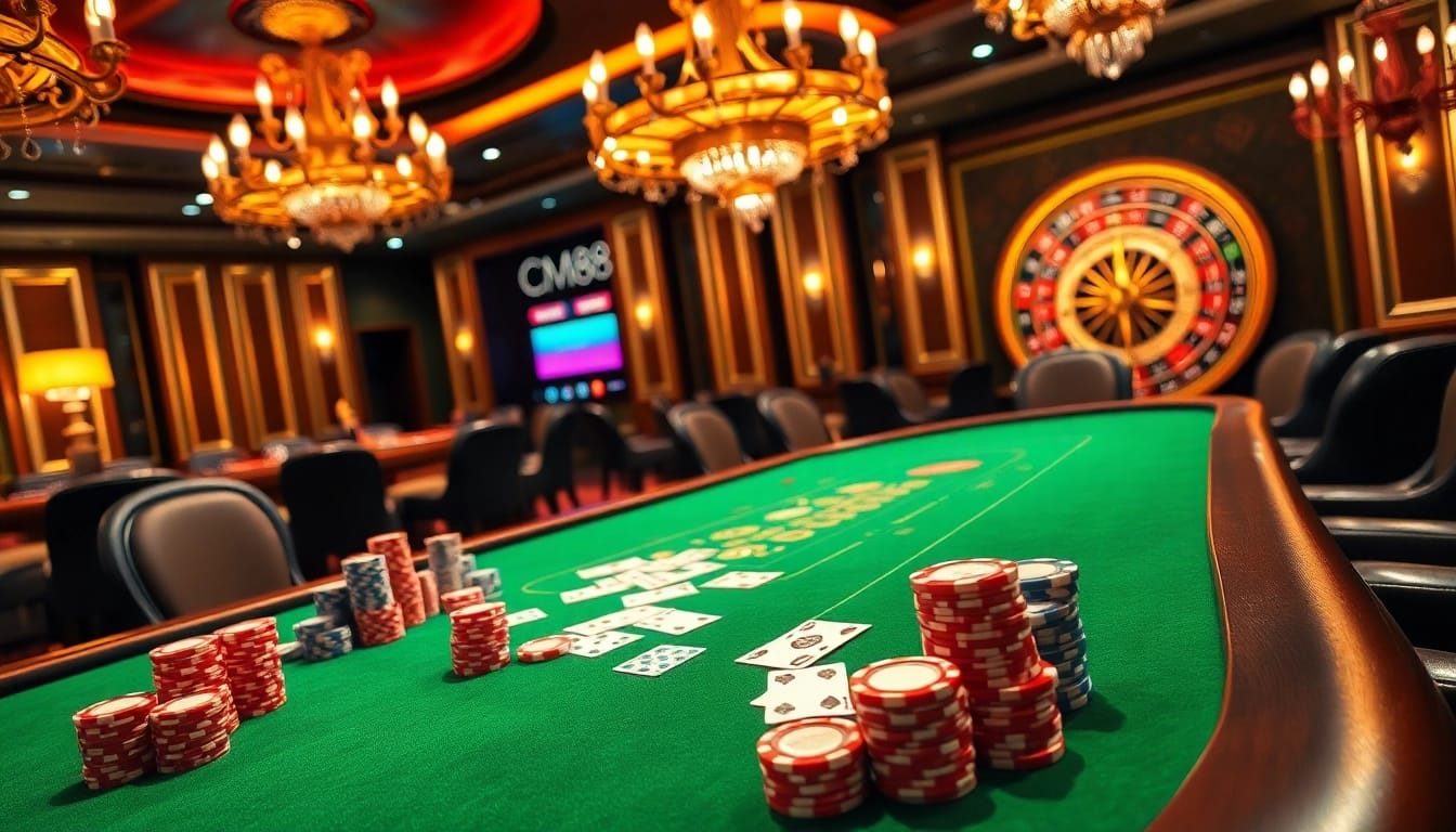 Gamblers strategize at a high-stakes poker table in a luxurious CM88 casino, illuminated with warm lighting.