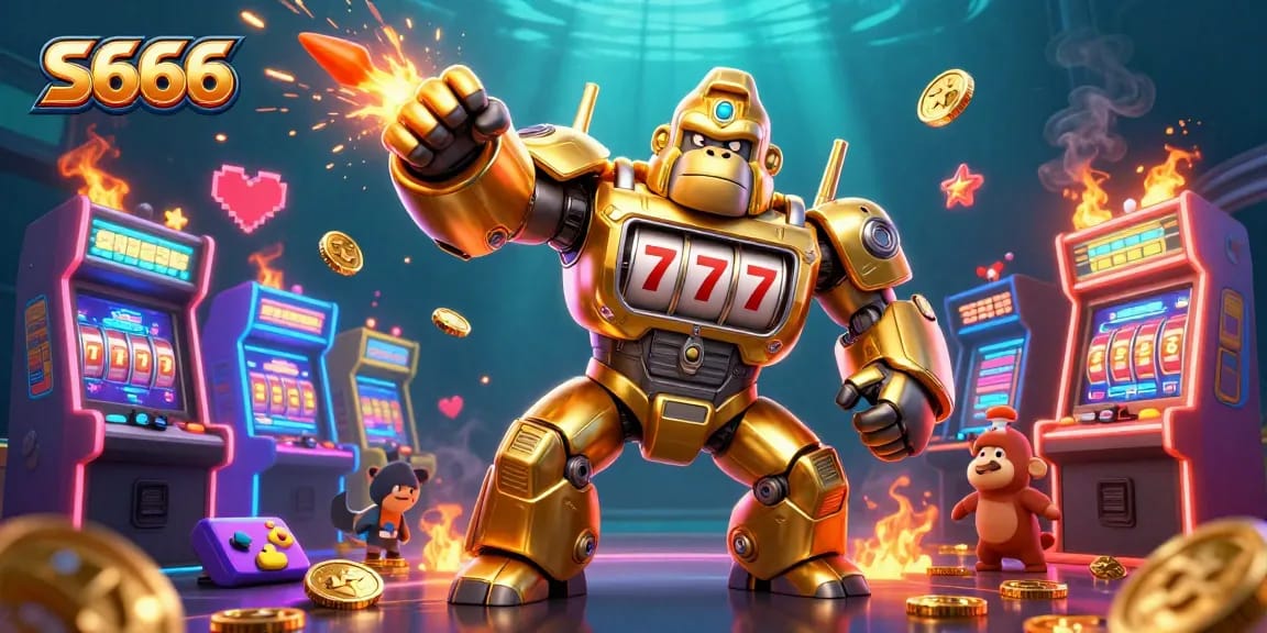 S666 showcases a golden gorilla mech erupting with coins, surrounded by vibrant casino elements and game machines.