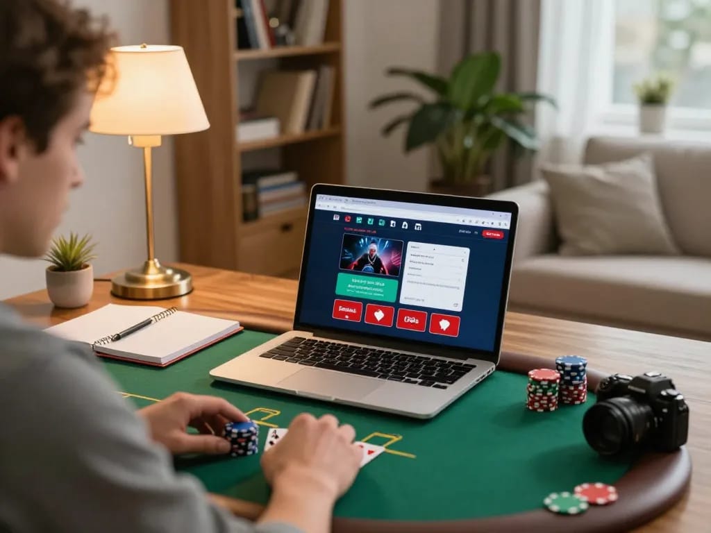 Engaging in online poker gameplay on 888NEW while strategizing with notes in a cozy home setting.