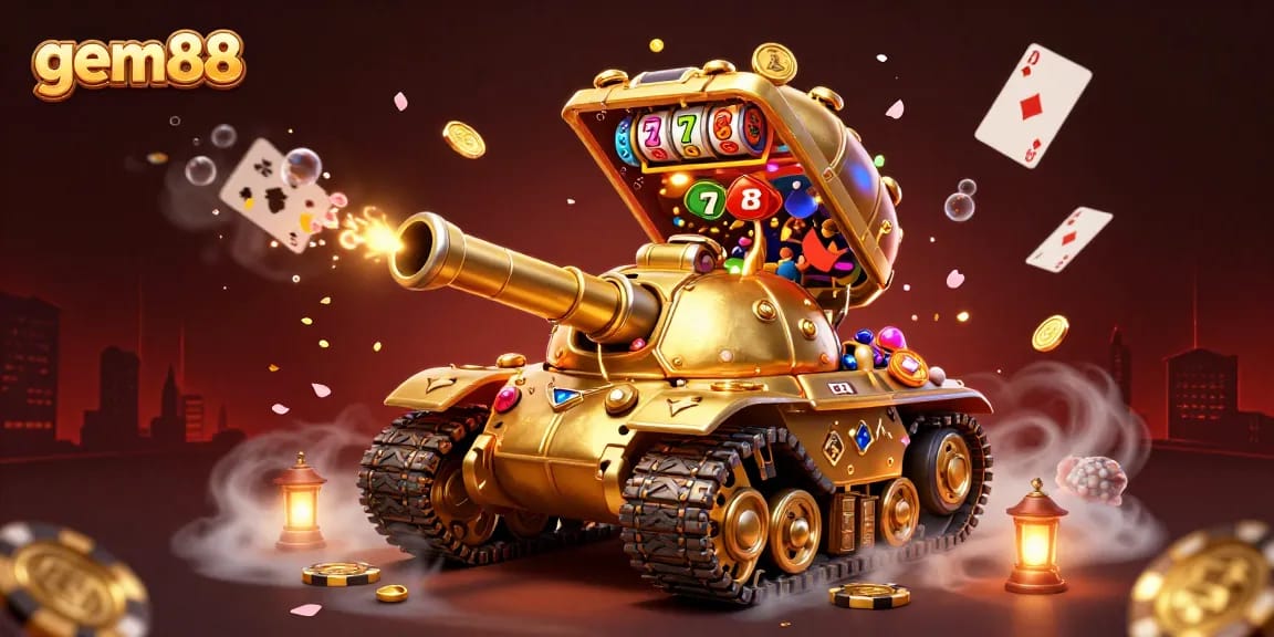 Experience excitement at gem88 with a vibrant 3D casino scene featuring dynamic elements.