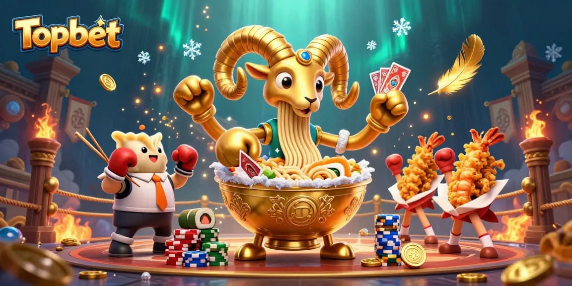 Topbet displays vibrant online gaming action with dynamic casino characters, cards, and gold coins.