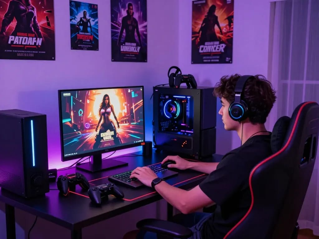 Player intensely focused on a sex simulator game with dynamic lighting and gaming setup.