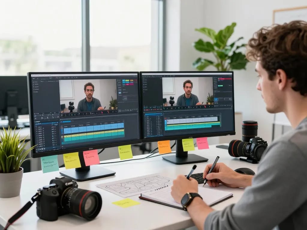 Highly detailed workspace for video to prompt analysis with creator, monitors, and equipment.