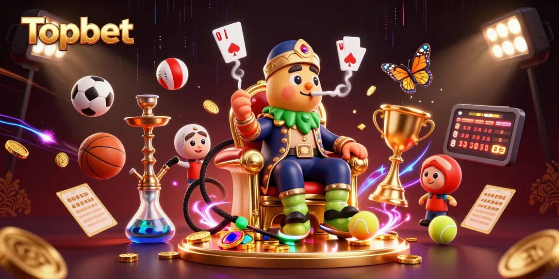 Engage in Topbet’s exciting gaming universe featuring a whimsical caterpillar in a lavish setting with sports elements.