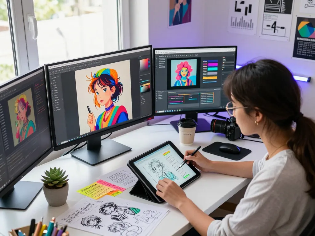 Inspirational creative workspace with image prompt generation tools and vibrant digital artwork.