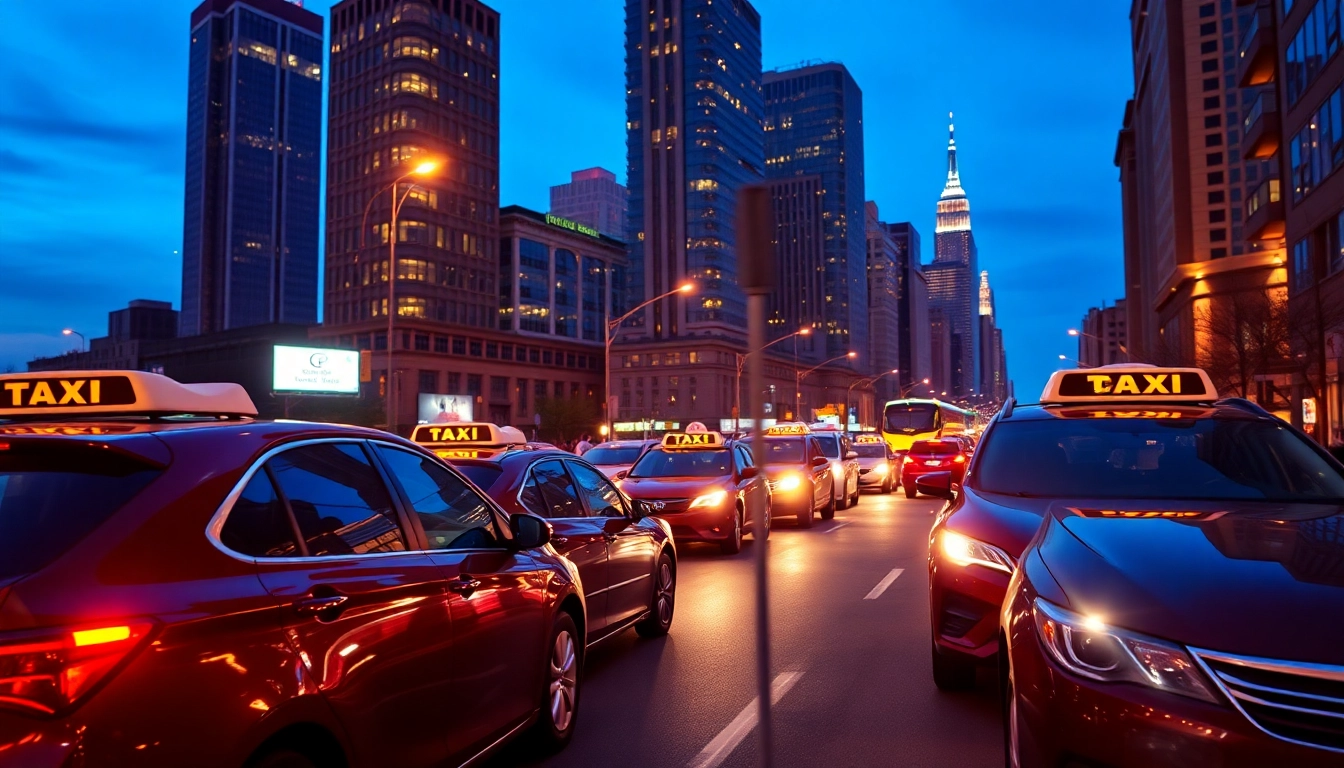 Cabs driving through a bustling city street at twilight, highlighting vibrant urban life.