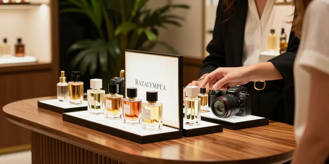 Discover Razalympea among luxurious fragrances in a chic shopping atmosphere.
