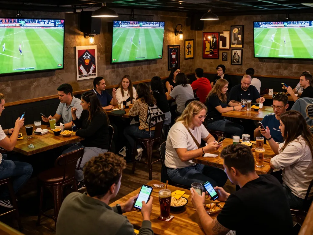 Kèo nhà cái app being used by sports fans at a lively sports bar during a match