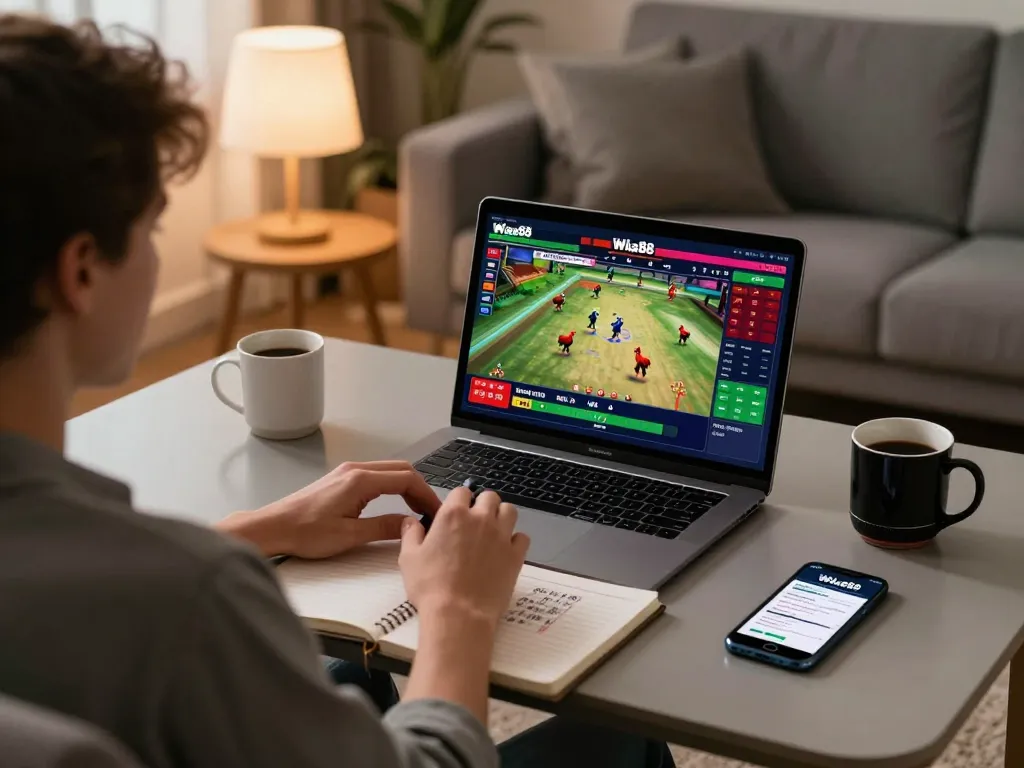 Player engaging in online betting at Trang chủ wala88 using a laptop in a cozy setting, illustrating strategic gameplay.