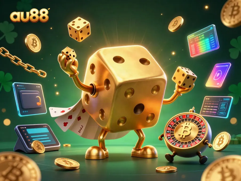 Experience thrilling gaming excitement at au88 with animated dice, coins, and casino elements.