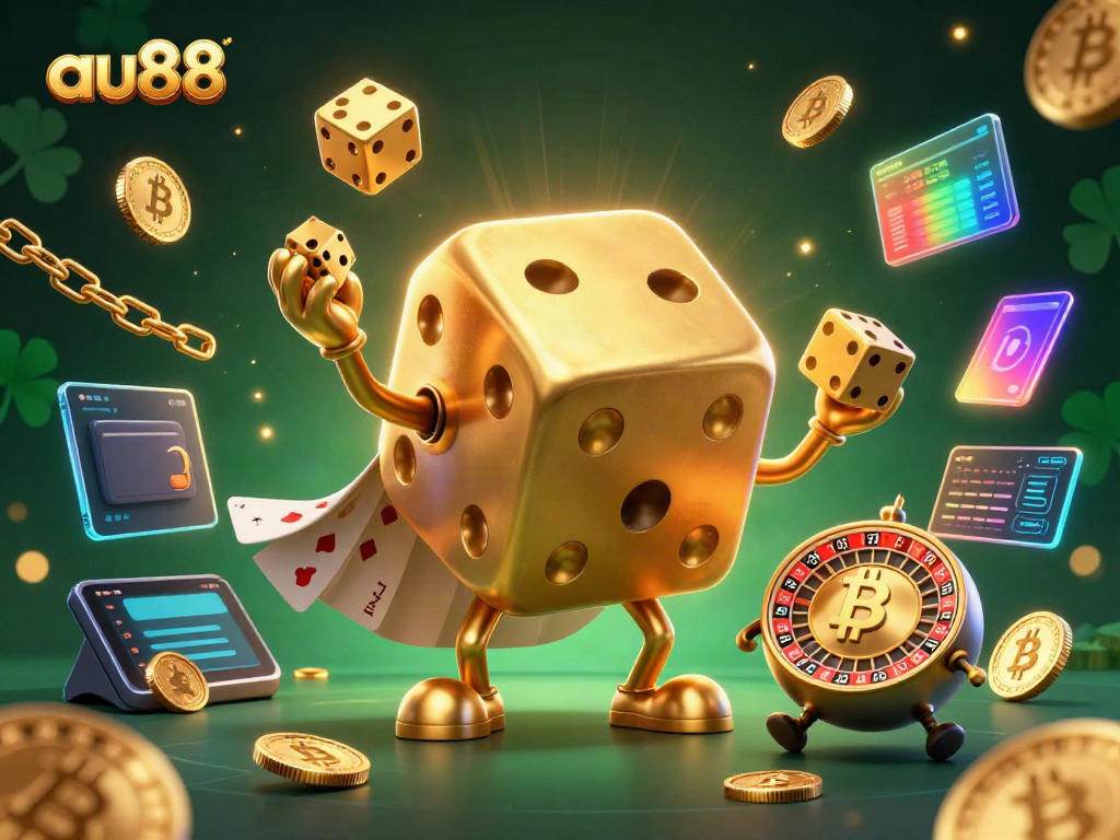 Experience thrilling gaming excitement at au88 with animated dice, coins, and casino elements.