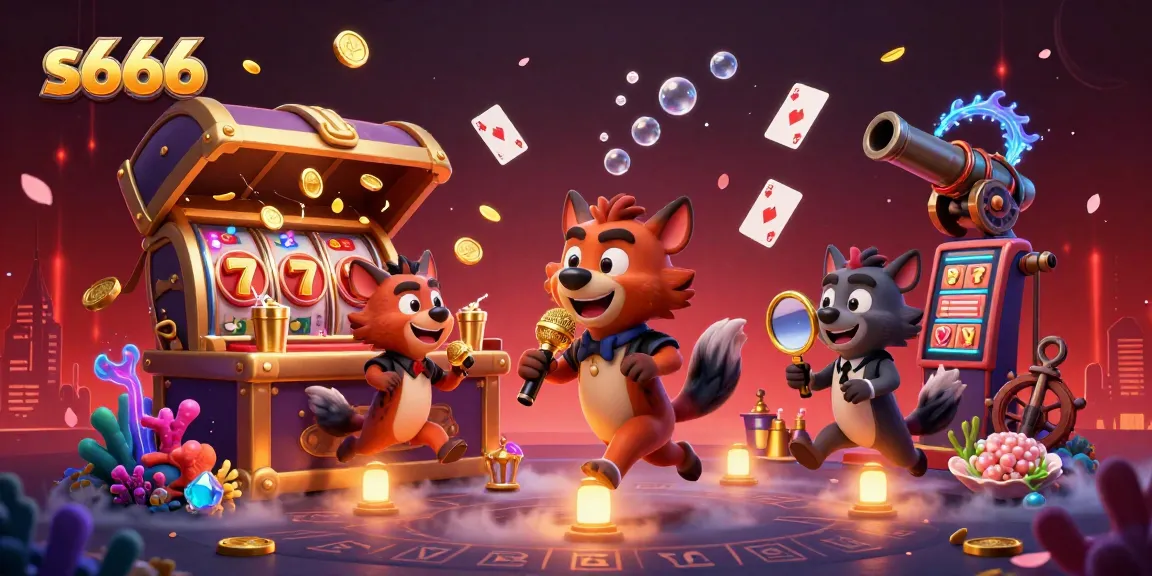 s666 players enjoy a vibrant comedy casino scene with hyenas amidst gold coins and colorful gems.