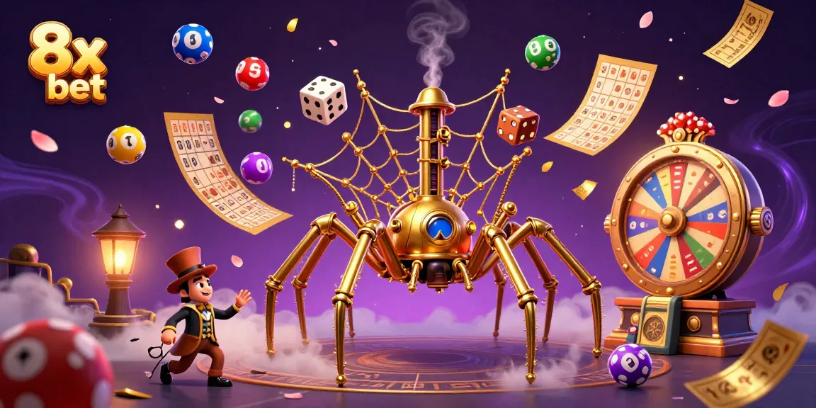 Engage with 8x bet in this fantasy scene with a golden spider and lottery elements.