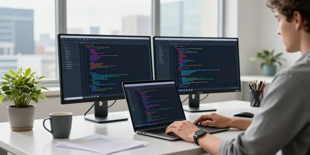 Developer using instant indexing tools in a modern workspace.