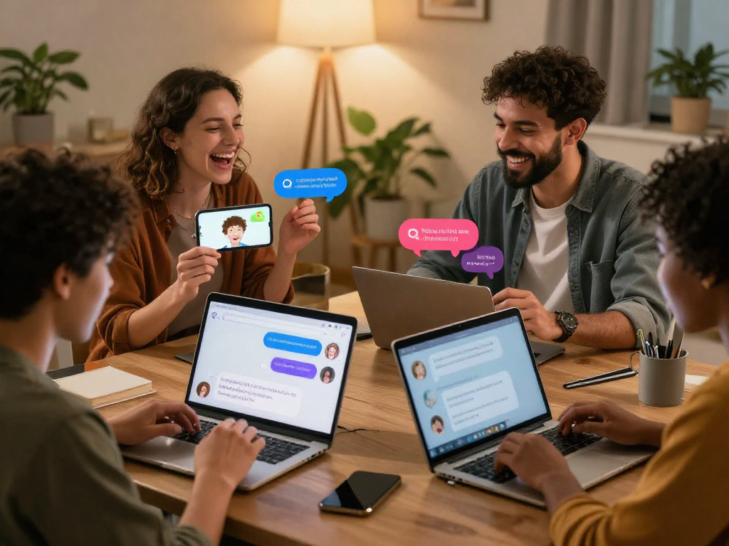Engaging scene of users participating in porn AI chat on devices, emphasizing connection and vibrant conversations in a cozy atmosphere.