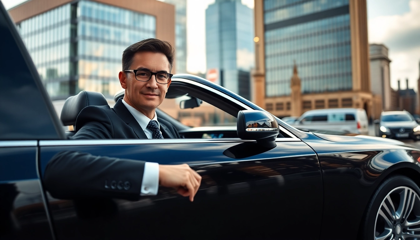 Hire a professional chauffeur in Nottingham with luxury vehicle and city backdrop.