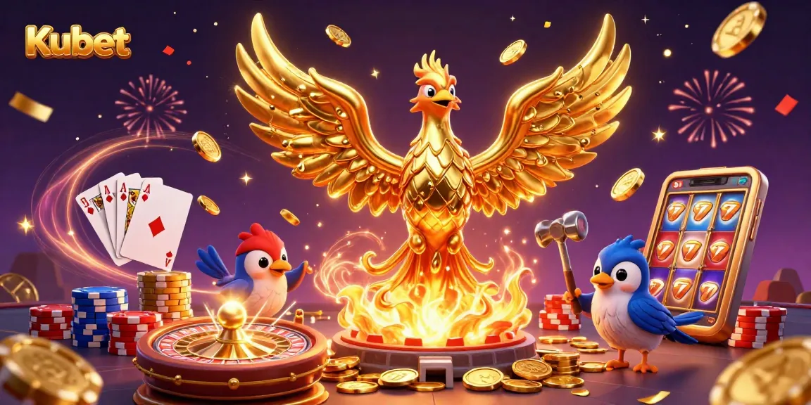 Kubet offers thrilling gameplay with a golden phoenix and dynamic casino elements in a vibrant scene.