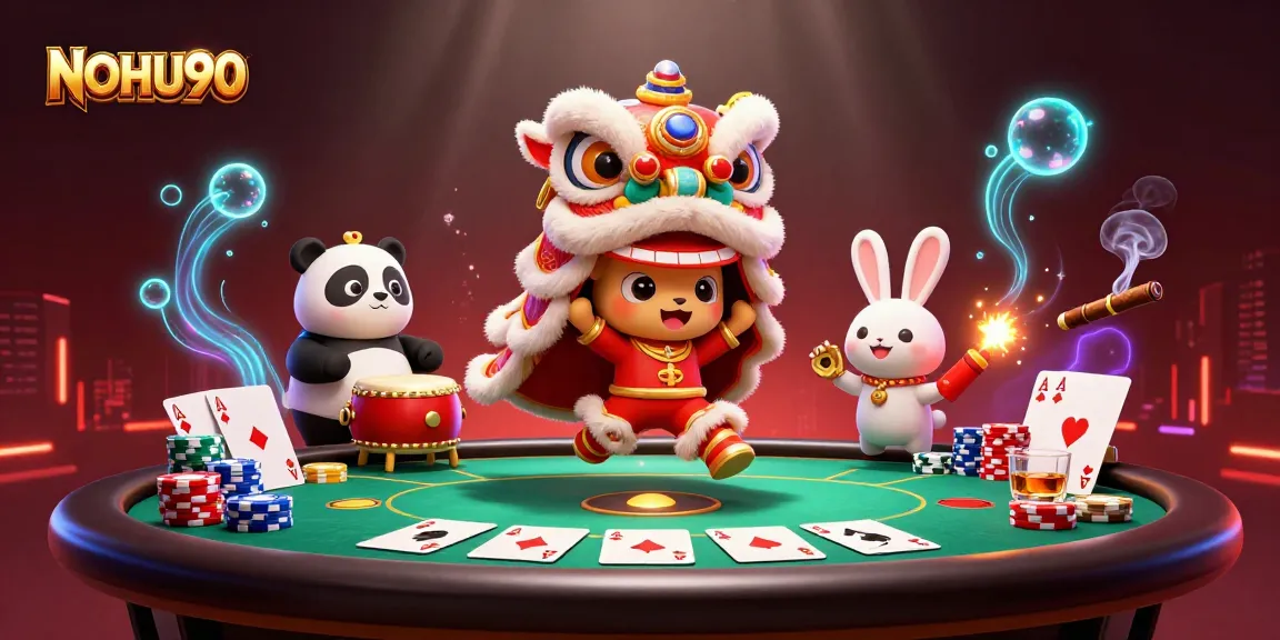 Join the excitement at NOHU90 with dynamic poker elements and festive characters in a captivating casino scene.