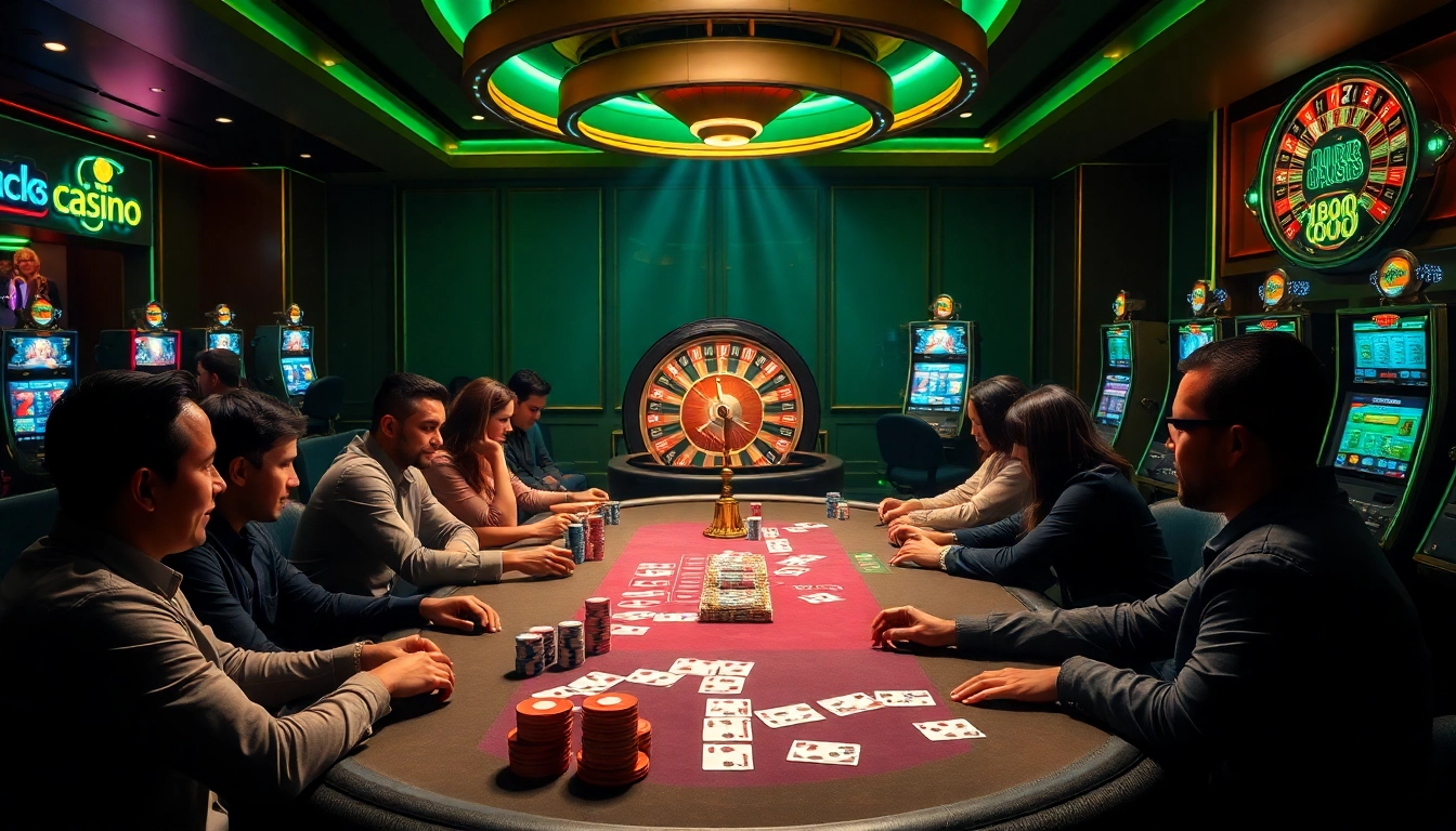 Engaged players at a luck8 casino poker table, surrounded by vibrant slot machines and exciting roulette action.