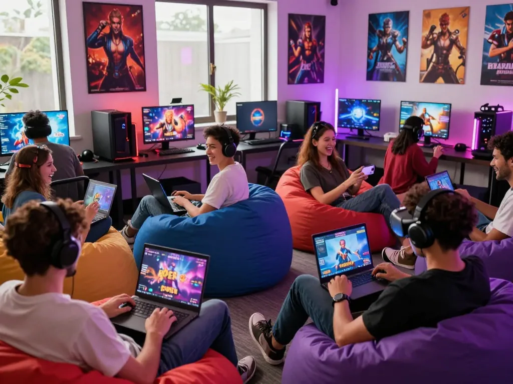 Friends enjoying free porn games in a vibrant gaming lounge, highlighting playful interactions and modern devices.
