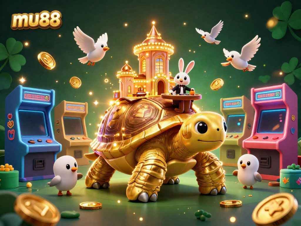 Engage in thrilling gaming experiences with mu88's vibrant casino atmosphere showcasing a golden tortoise and exciting game elements.