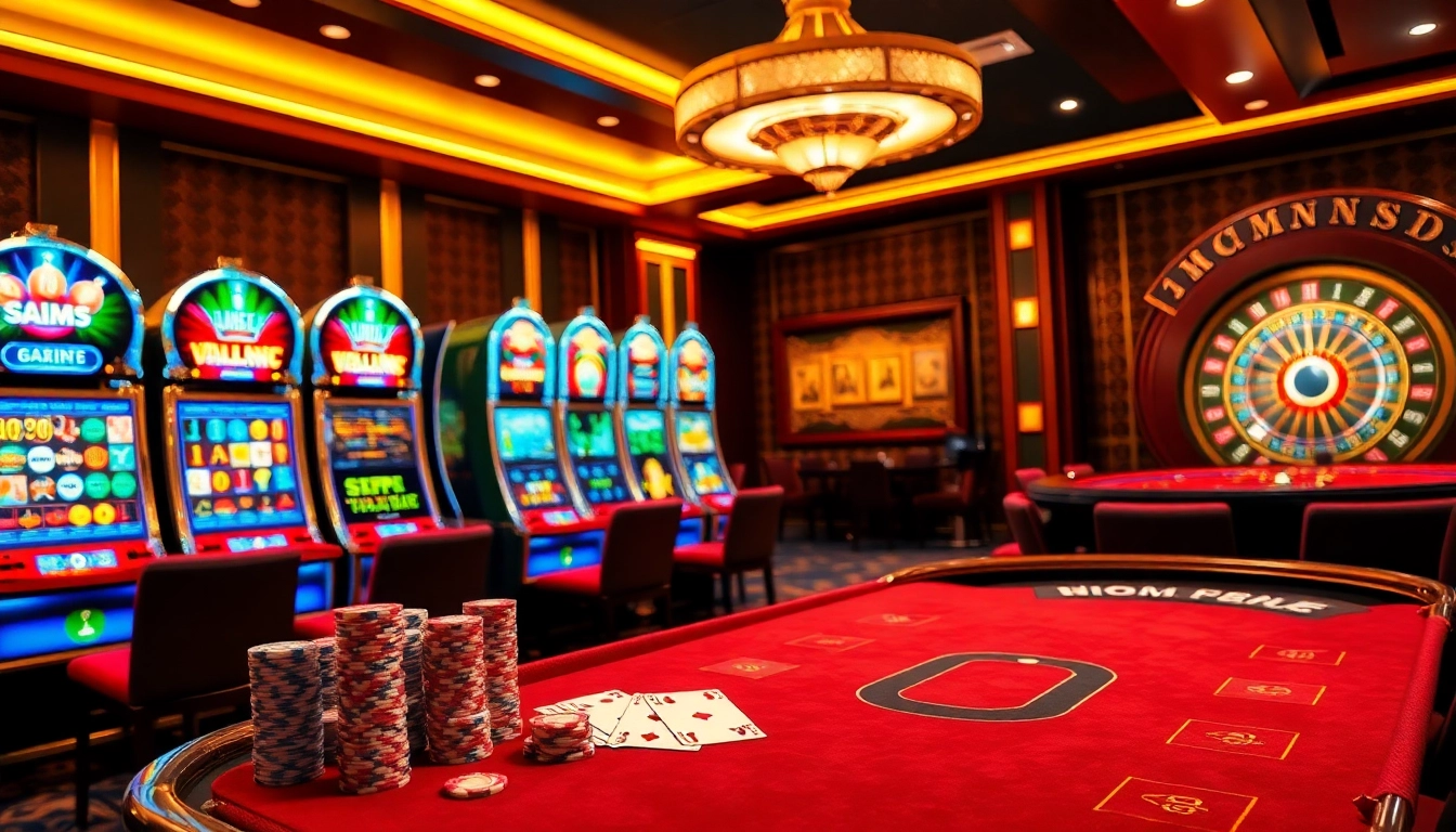 Experience thrilling casino excitement with cm88, showcasing vibrant slots and luxurious poker setups.
