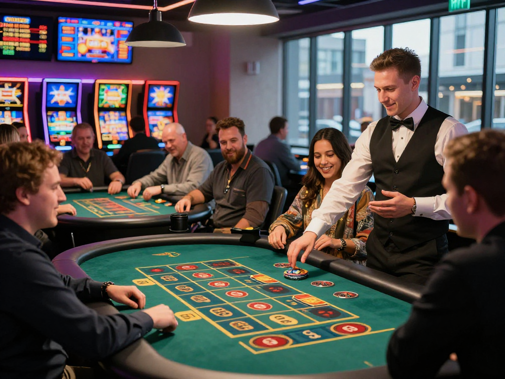 Diverse group enjoying non-UK casinos at lively tables, highlighted by excitement at https://ghsc.co.uk.