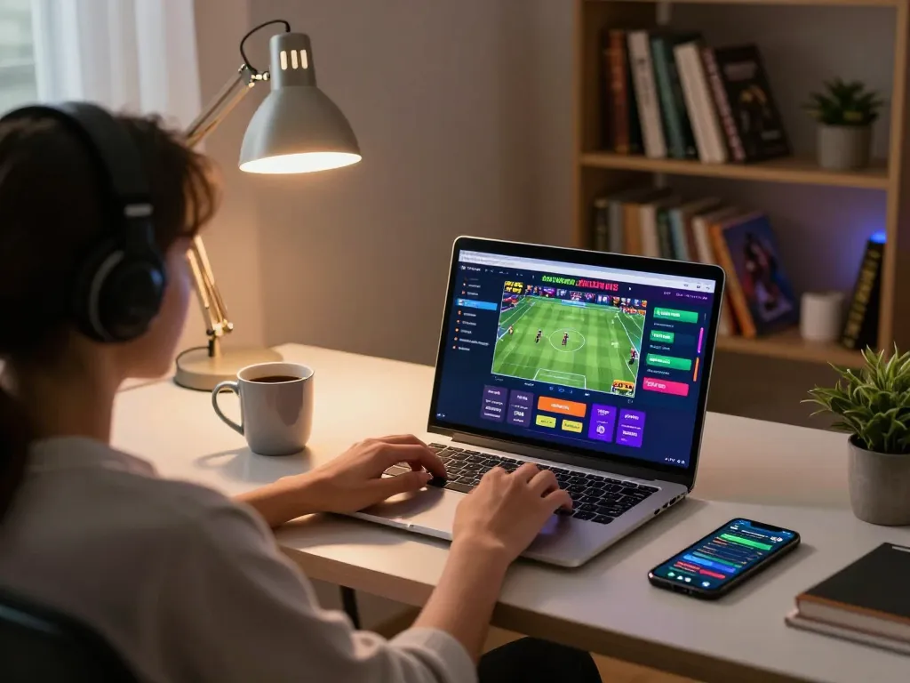 Player engaging with 1gom online betting platform on laptop, featuring sports betting options in a cozy home office.