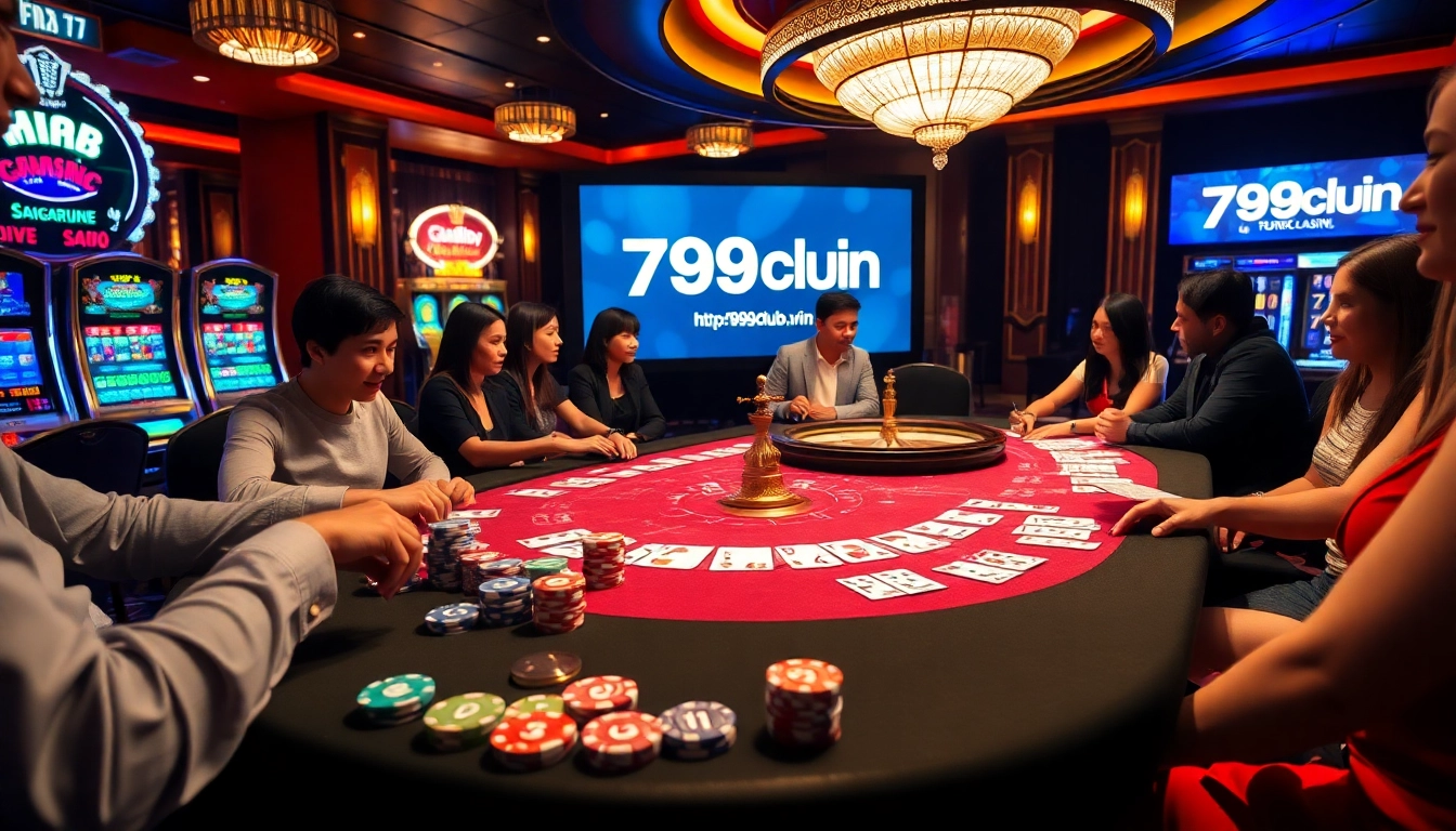 Engaged players enjoying a thrilling poker game at https://789club.vin/ with vibrant casino elements.