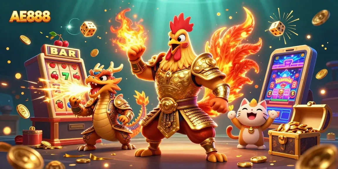 Experience the thrill of AE888 with a dynamic scene of a fighting rooster warrior and dragon hatchling.