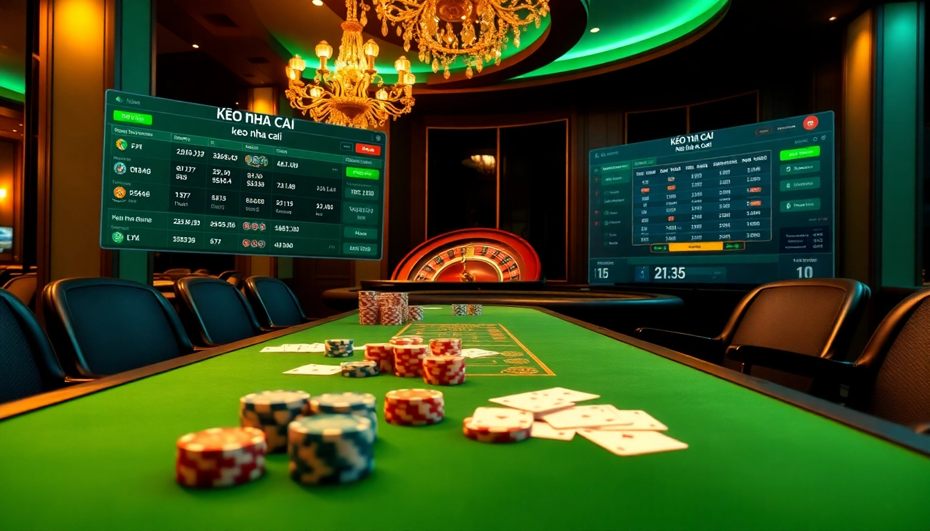 Engaging scene of a casino with keo nha cai betting interfaces and poker chips.