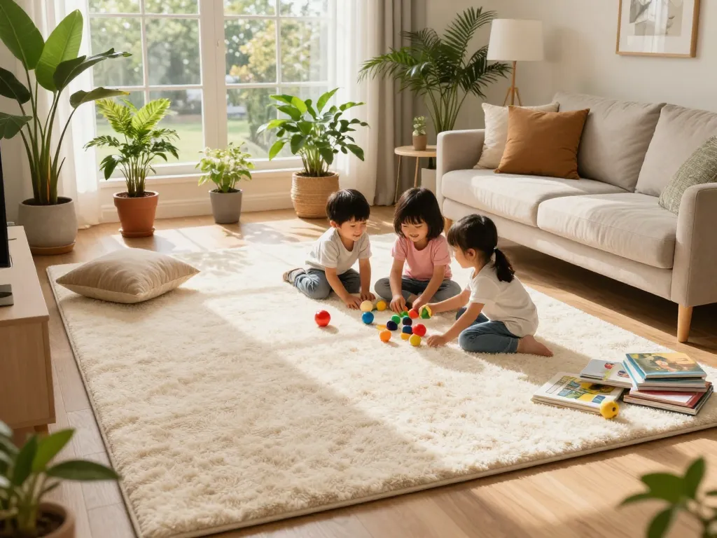 Residential carpet installation showcased in a warm living room with a family enjoying the new plush carpet.