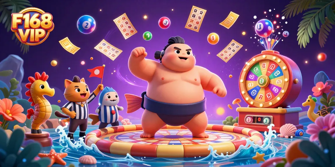 Experience F168 VIP with vibrant lottery balls and a fun underwater casino setting featuring a fugu and friends.