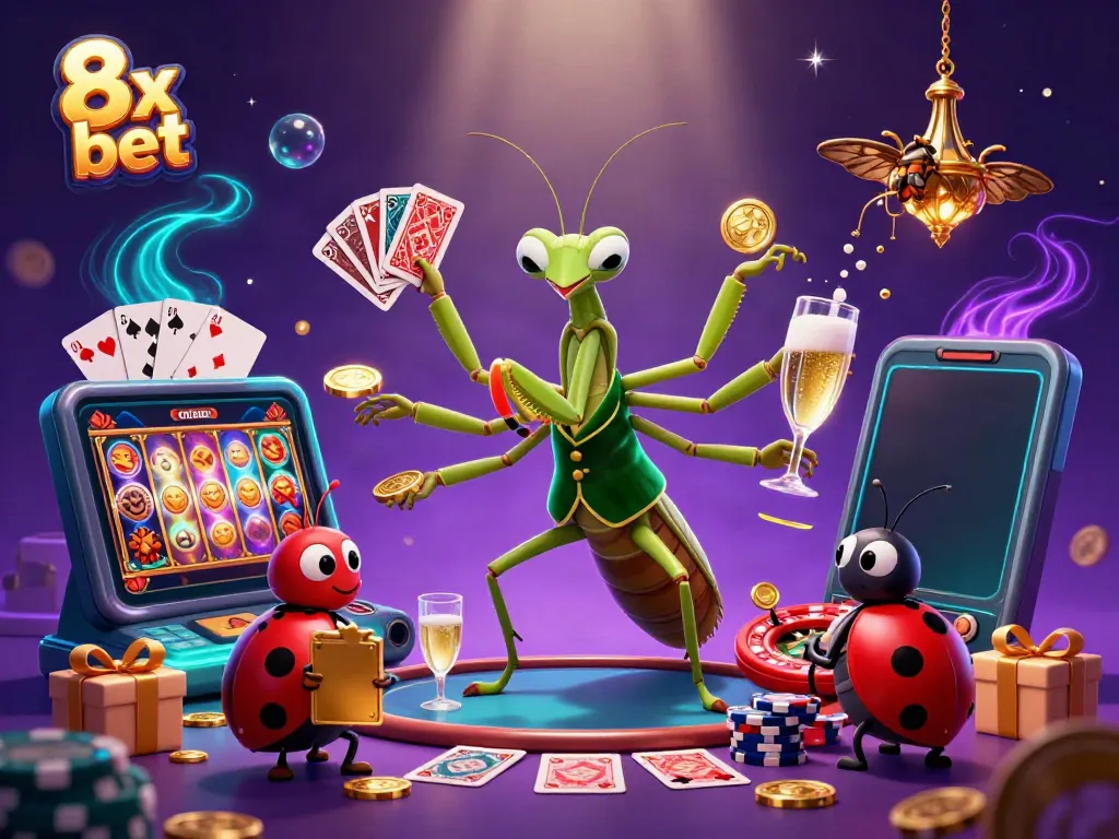 Experience thrilling moments with 8x bet as a giant mantis and ladybug engage in a vibrant casino scene.